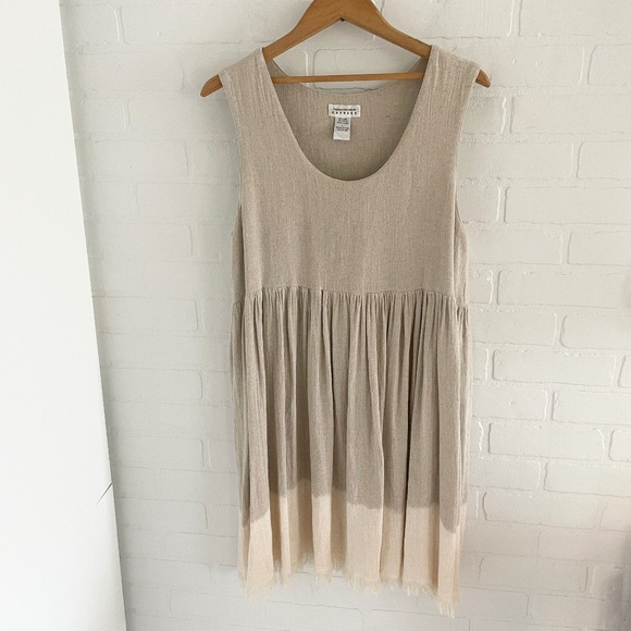 Vintage 90s Linen blend dress Babydoll Empire waist Cream Coquette Lagenlook L - Picture 1 of 10